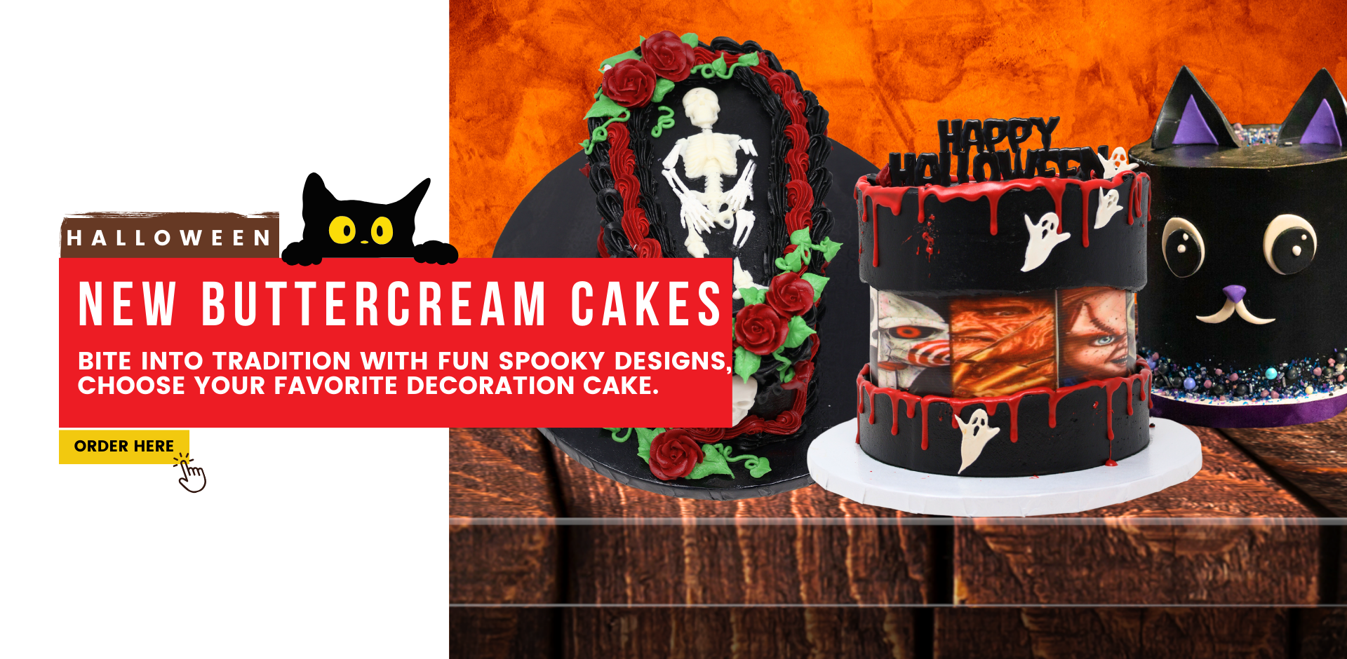 Halloween. new buttercream cakes. bite into tradition with fun spooky designs, choose your favorite decoration cake. Order Here at pinecrestbakery.com