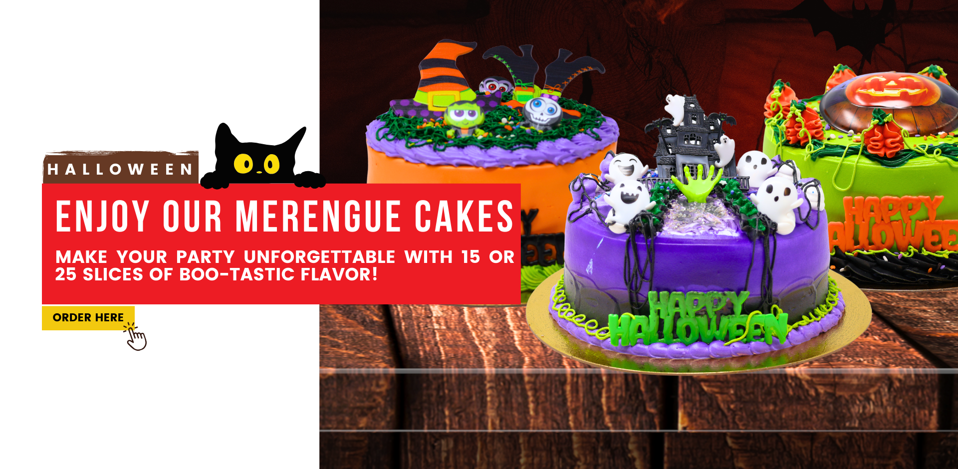Halloween. enjoy our merengue cakes. Make your party unforgettable with 15 or 25 slices of boo-tastic flavor! Order Here at pinecrestbakery.com
