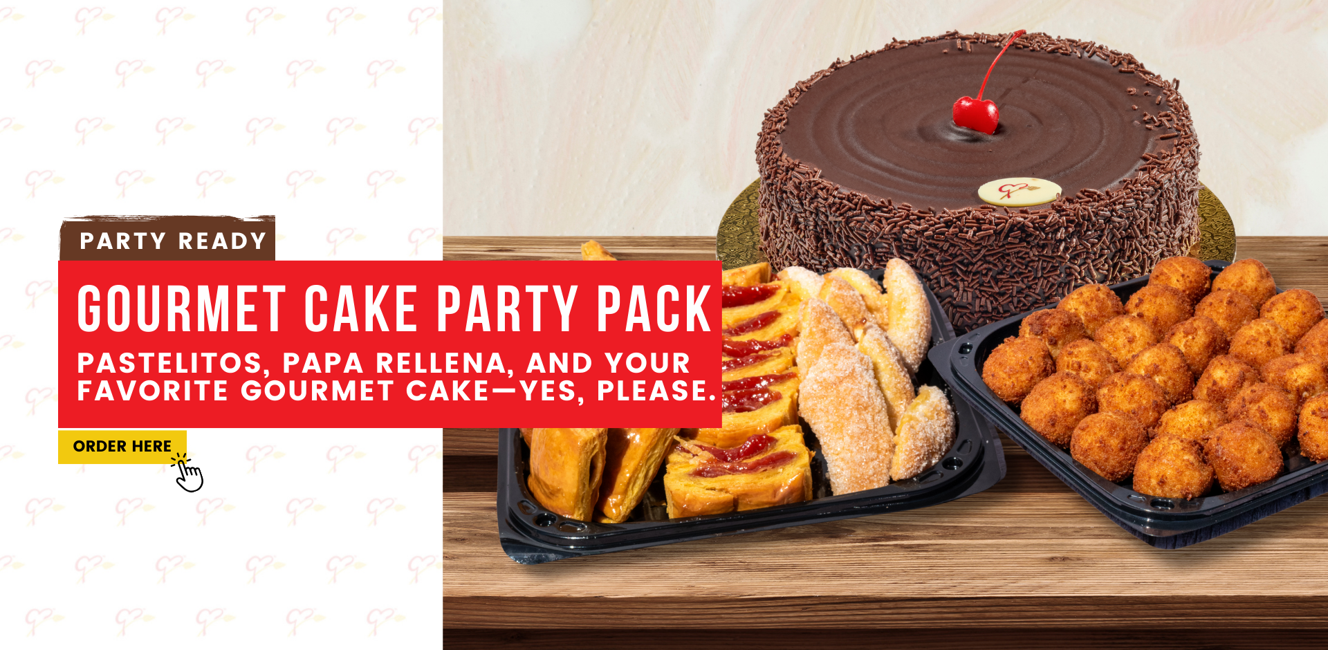 Party Ready. Gourmet Cake Party Pack. Pastelitos, papa rellena, and your favorite gourmet cake—yes, please. Order here at Pinecrestbakery.com
