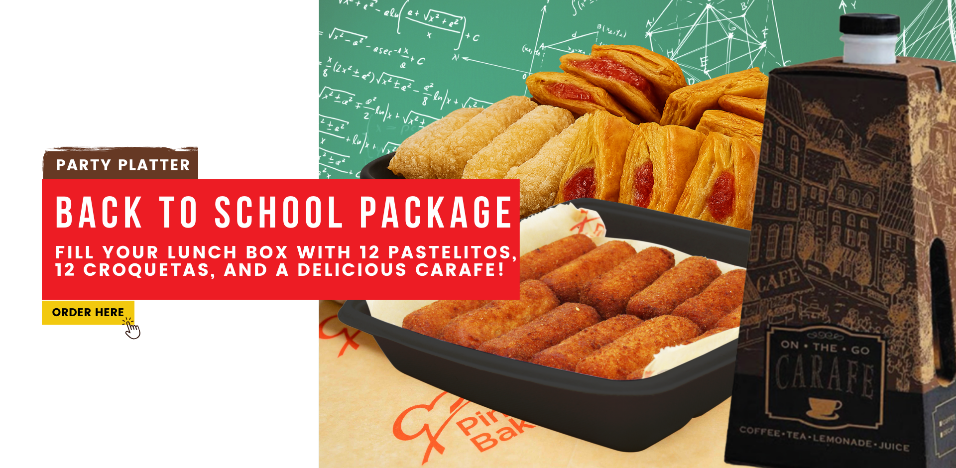 Party Platter. Back to school package. fill your lunch box with 12 pastelitos, 12 croquetas, and a delicious Carafe! Order here 