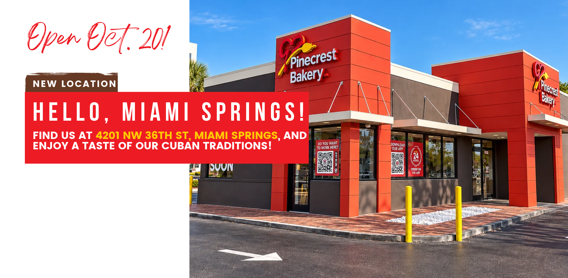 Open Oct, 20! new location, Hello, Miami Springs! Find us at 4201 NW 36th St, Miami Springs, and enjoy a taste of our Cuban traditions!