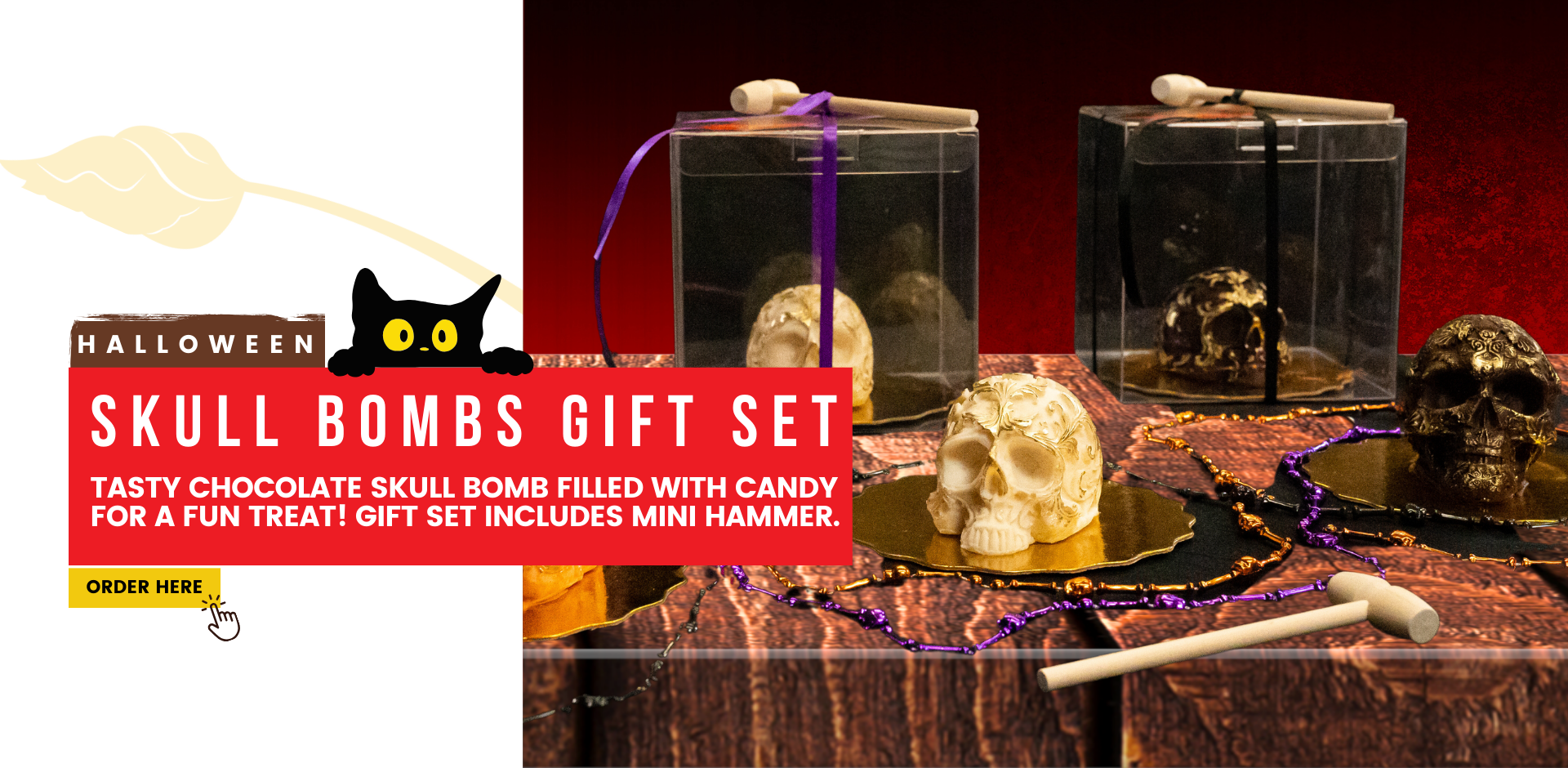 Halloween. skull bombs Gift Set. tasty chocolate skull bomb filled with candy for a fun treat! gift set includes mini hammer. Order Here.