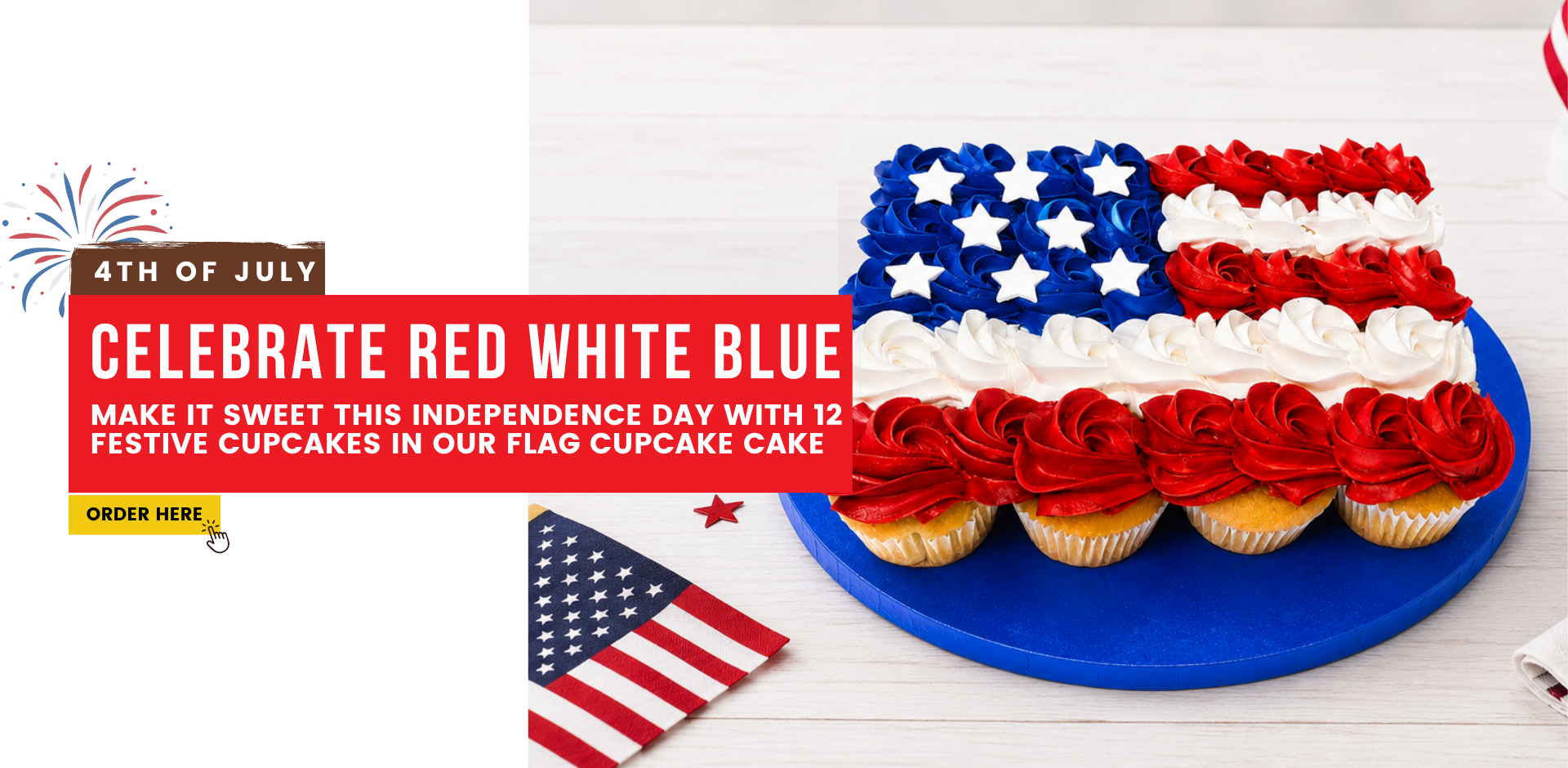 4th of july. Celebrate Red White Blue. Make it sweet this Independence Day with 12 festive cupcakes in our Flag Cupcake Cake