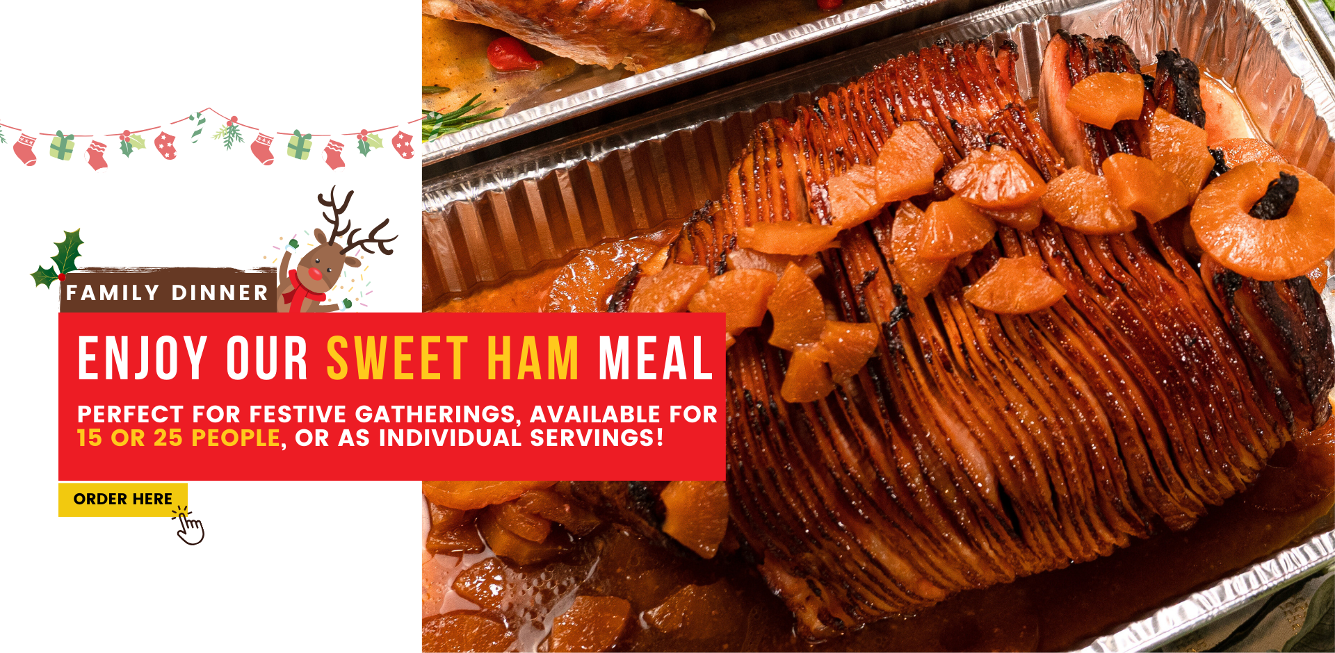 Family dinner. Enjoy our sweet ham meal. Perfect for festive gatherings, available for 15 or 25 people, or as individual servings! Order Here in Pinecrest Bakery